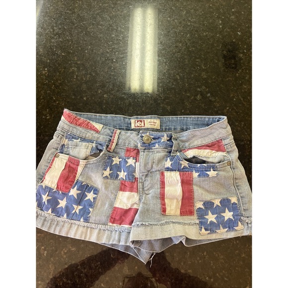Vintage Y2K LEI L.e.i. Shorts Denim‎ Flag Stars Stripes Blue Jean Sz 9 Low Rise - Picture 1 of 7
